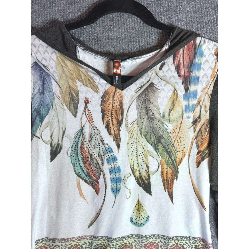Big Bang USA Feather Print Rhinestone Embellished Hooded Top Gray White Large‎